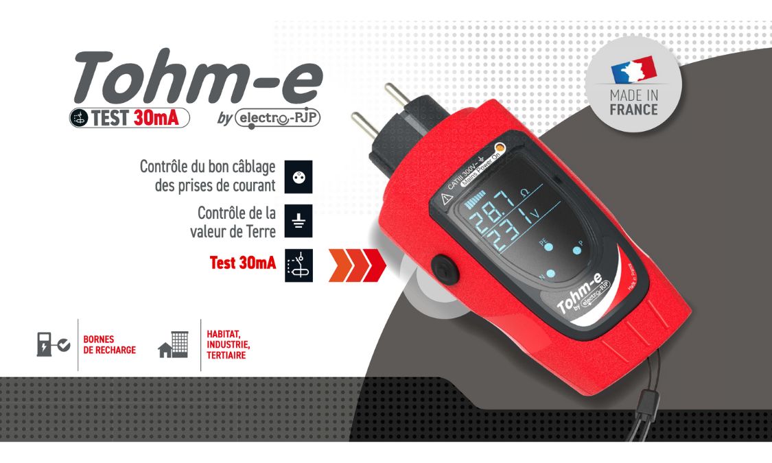 Tohm-e ref T2-FR100, mesureur de terre avec test DDR 30mA, (testeur de terre, electro-pjp, contrôleur de boucle de terre, appareil pour mesurer la terre, testeur prise terre, mesureur terre)